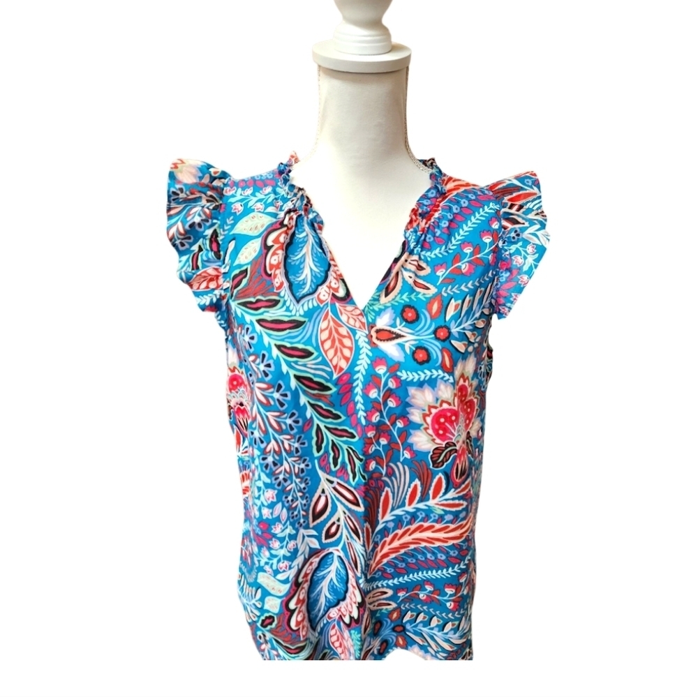 Talbots Botanical Paisley Ruffle Trim Shell Teal Turquoise Pink Floral, Medium - Picture 5 of 13
